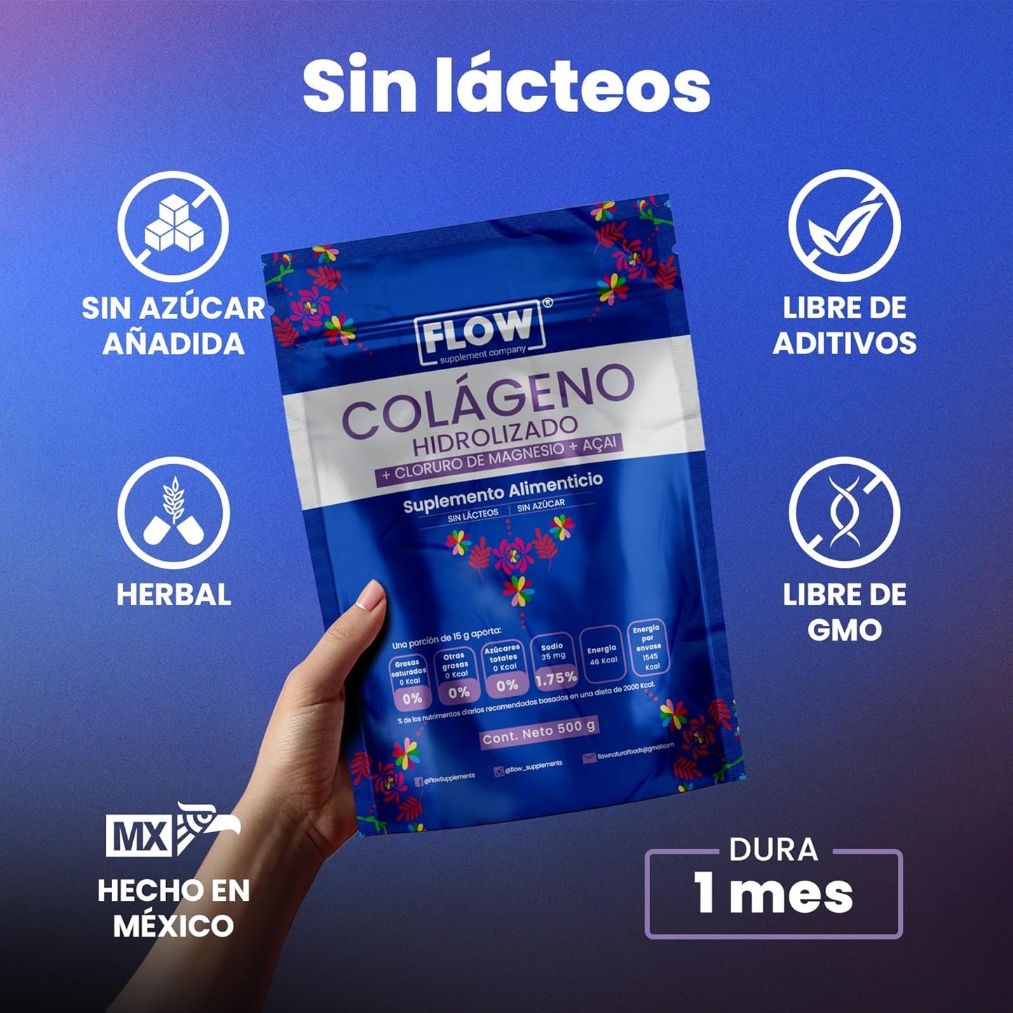 Colágeno Hidrolizado + Açaí + Cloruro de magnesio de 500 gramos