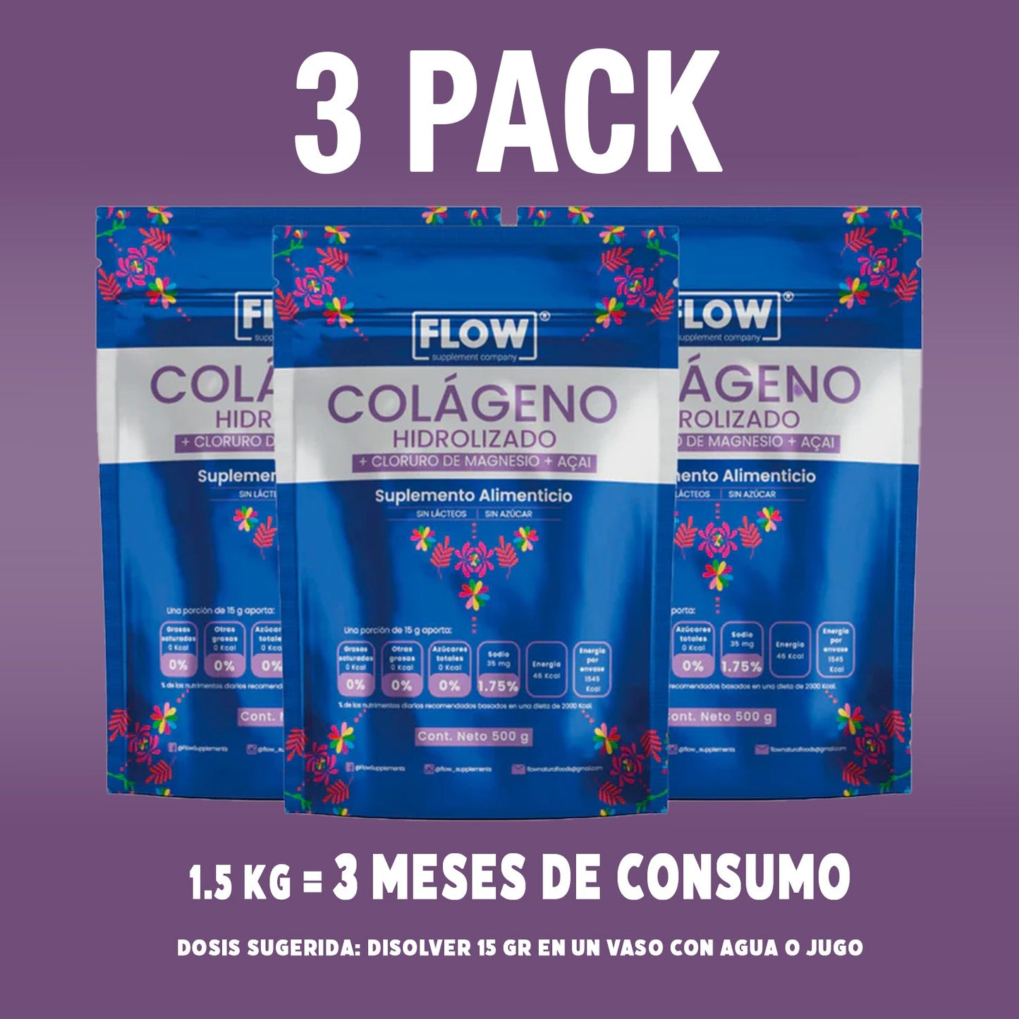 Colágeno Hidrolizado + Açaí + Cloruro de magnesio de 500 gramos