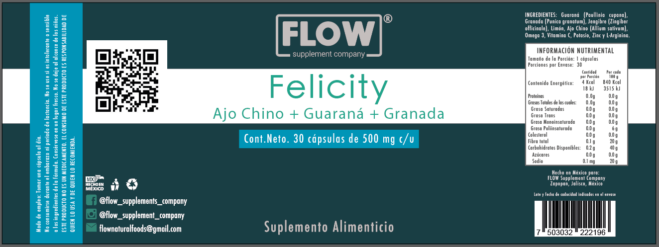 Felicity Ajo Chino + Guarana + Granada / 30 cápsulas de 500 mg.