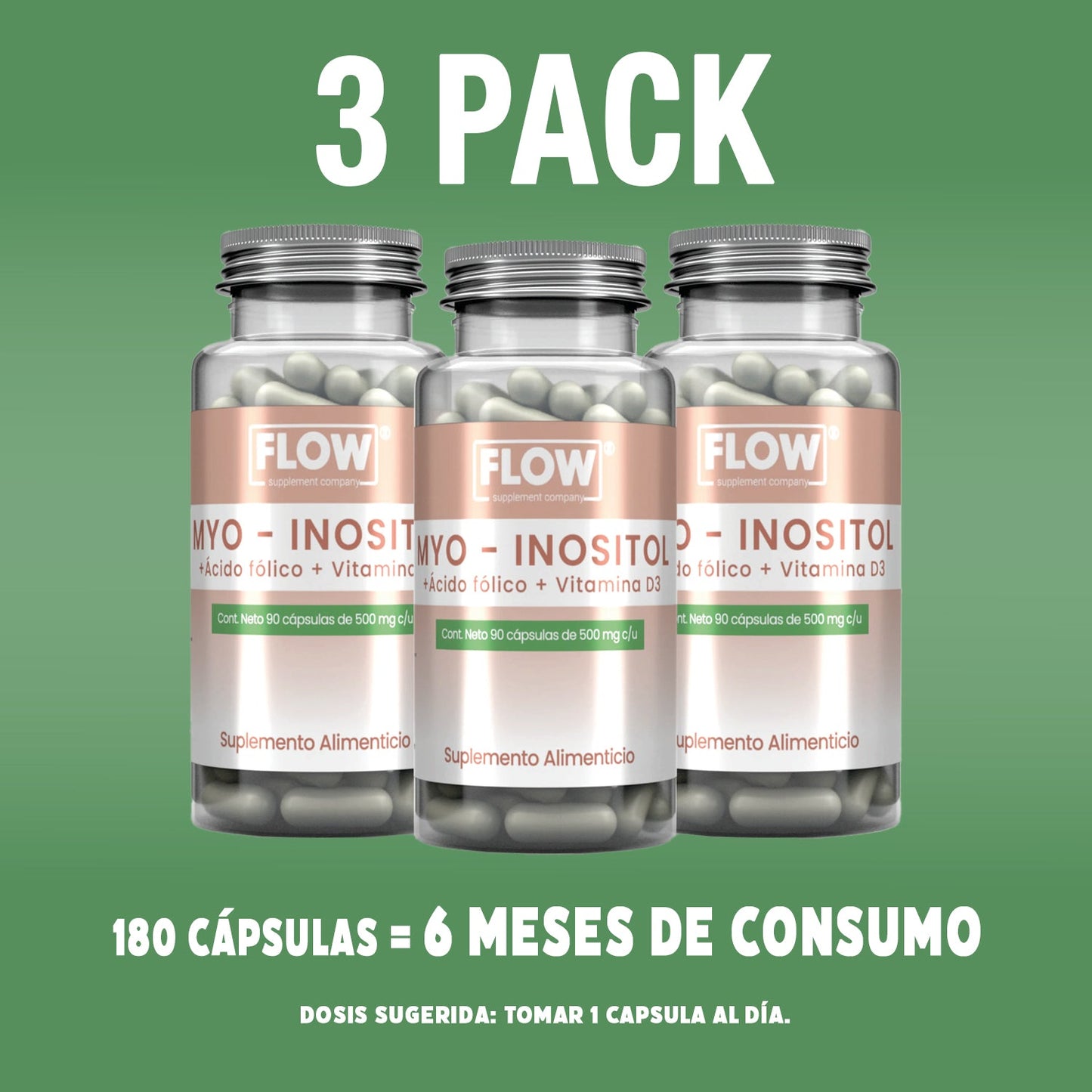 Myo Inositol + Ácido Fólico + Vitamina D3 / 90 cápsulas de 500 mg.