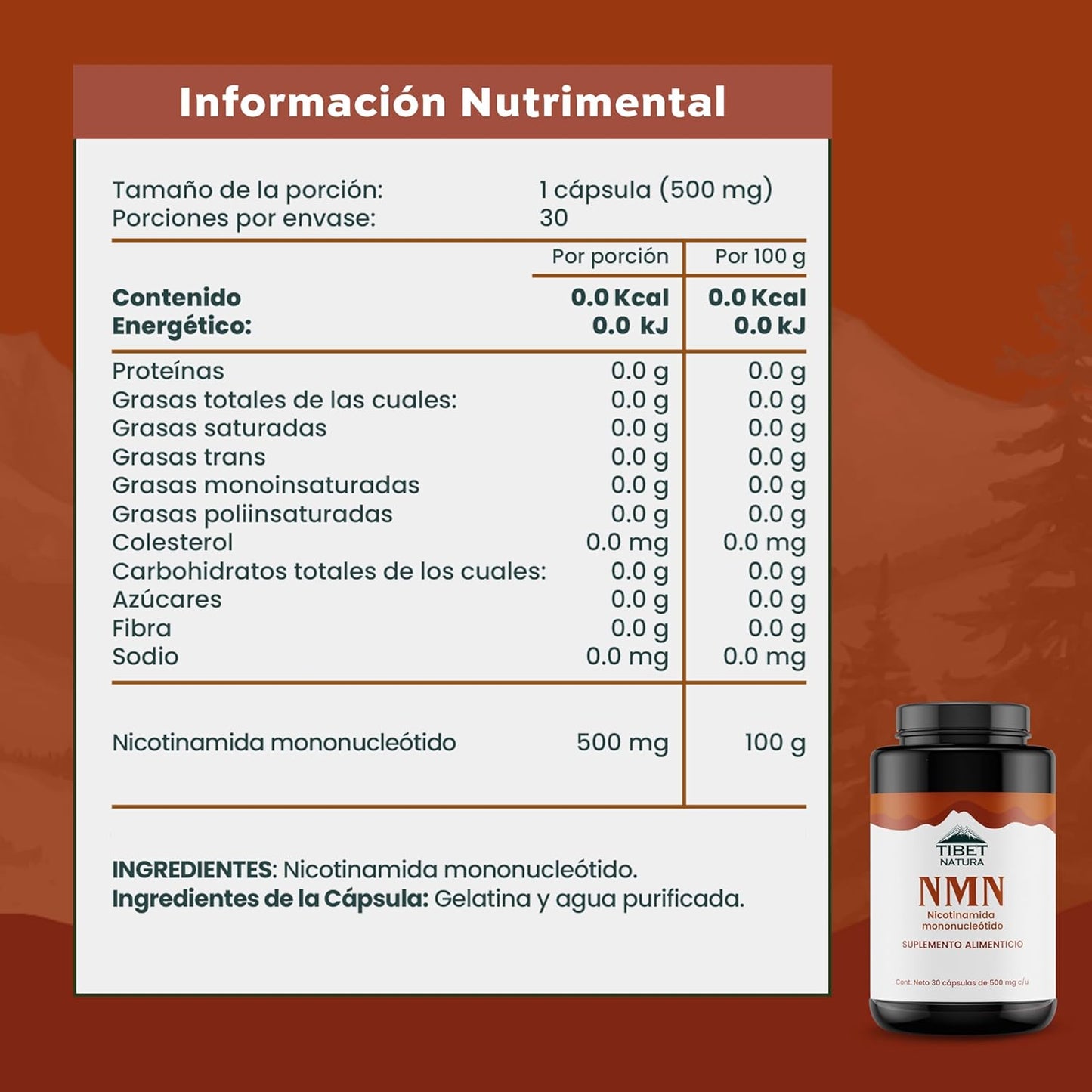 NMN Nicotinamida Mononucleótido 30 cápsulas de 500 mg c/u - TÍbet Natura