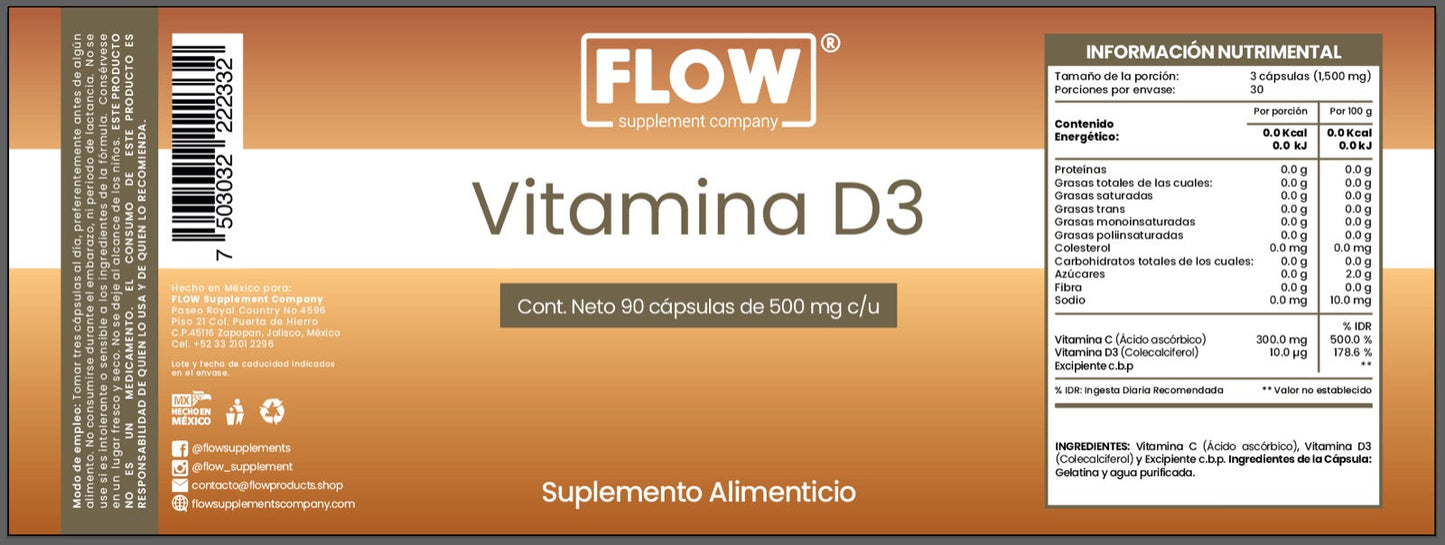 Vitamina D3 / 90 Cápsulas de 500 mg