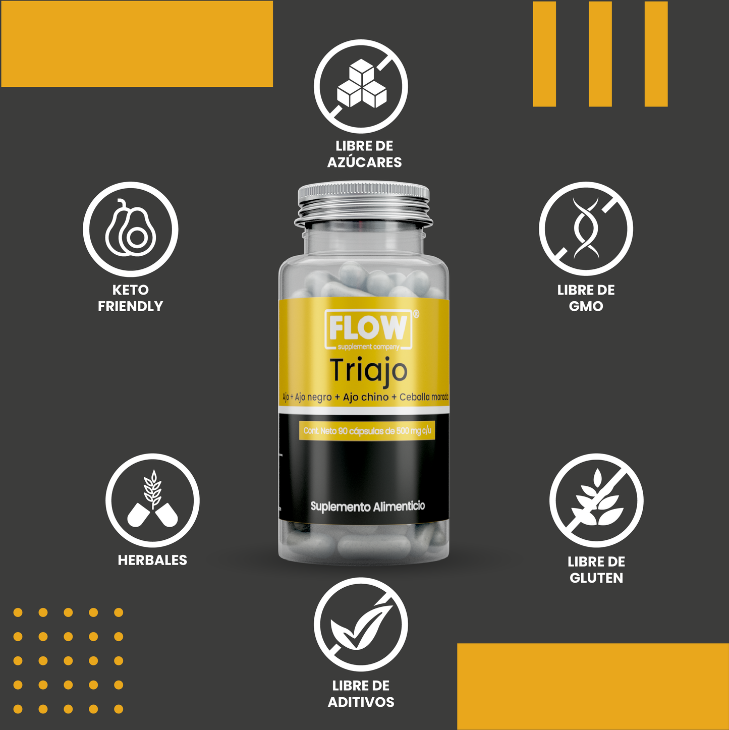TRIAJO - Ajo Negro, Ajo Chino, Ajo y Cebolla / 90 cápsulas de 500 mg c/u