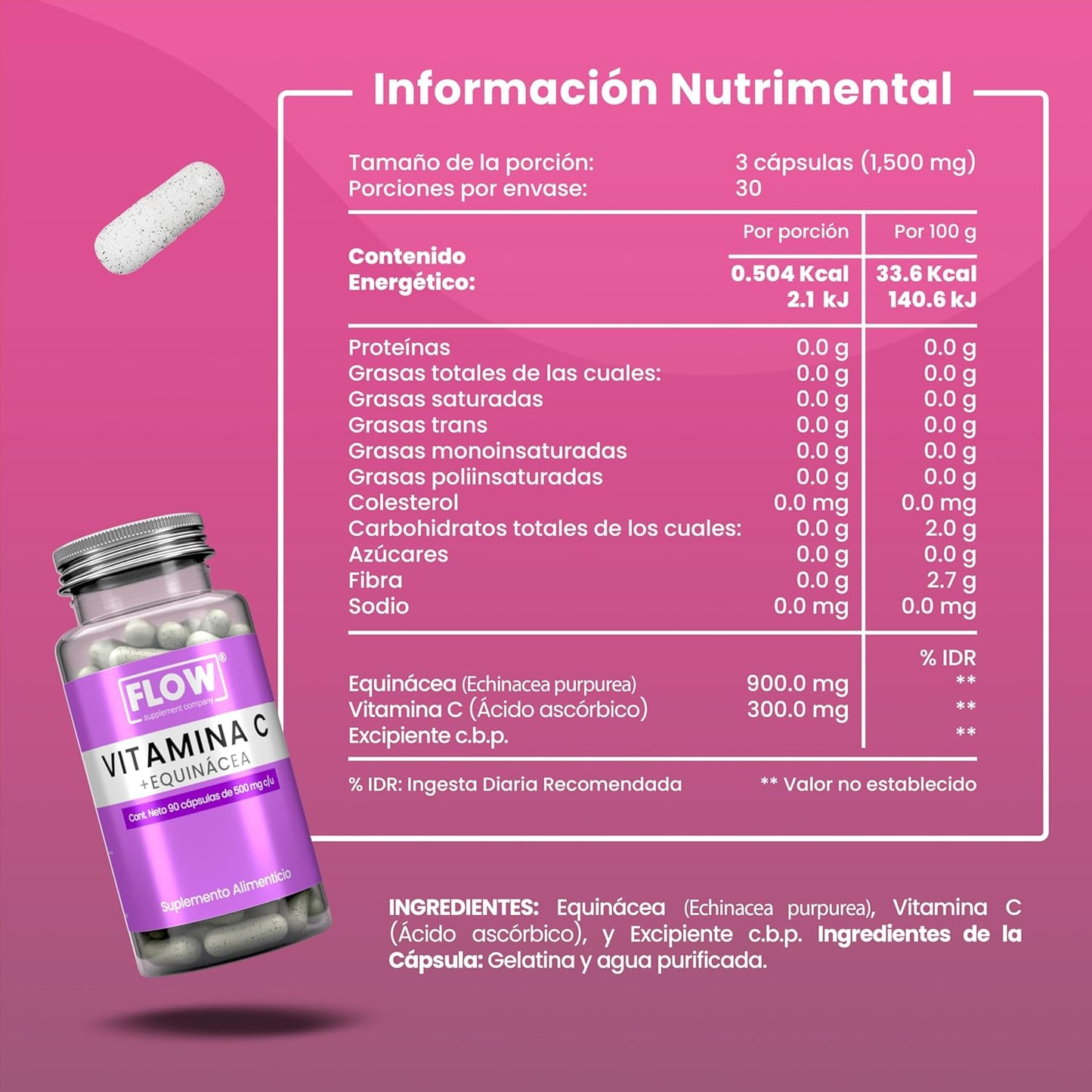 Vitamina C y Equinácea / 90 cápsulas de 500 mg.