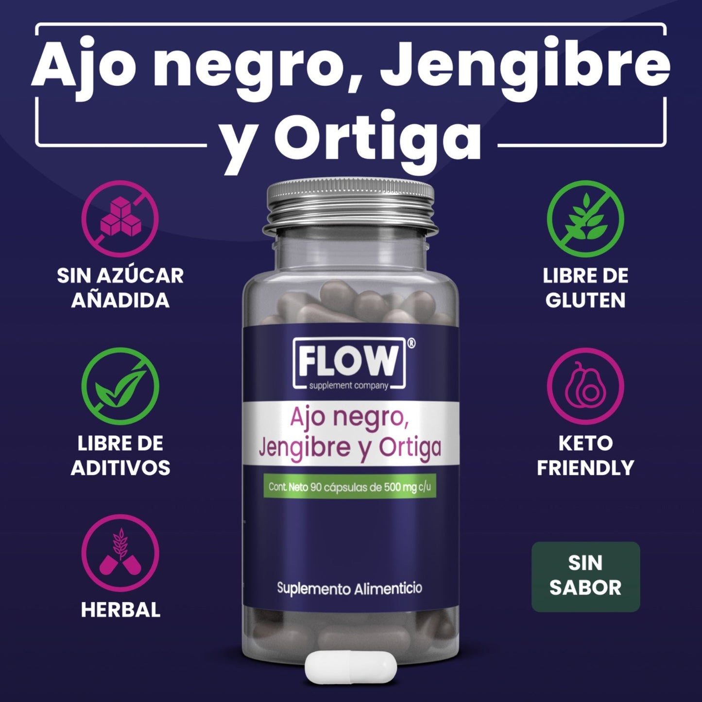 Ajo Negro + Jengibre + Ortiga / 90 cápsulas de 500 mg c/u