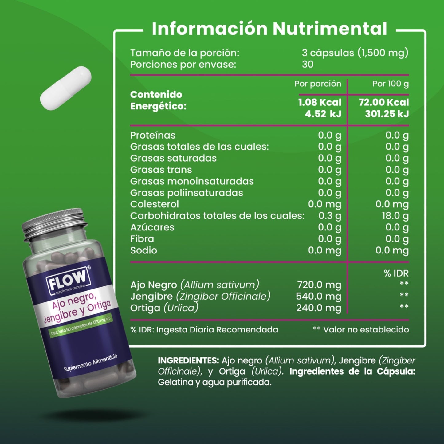 Ajo Negro + Jengibre + Ortiga / 90 cápsulas de 500 mg c/u