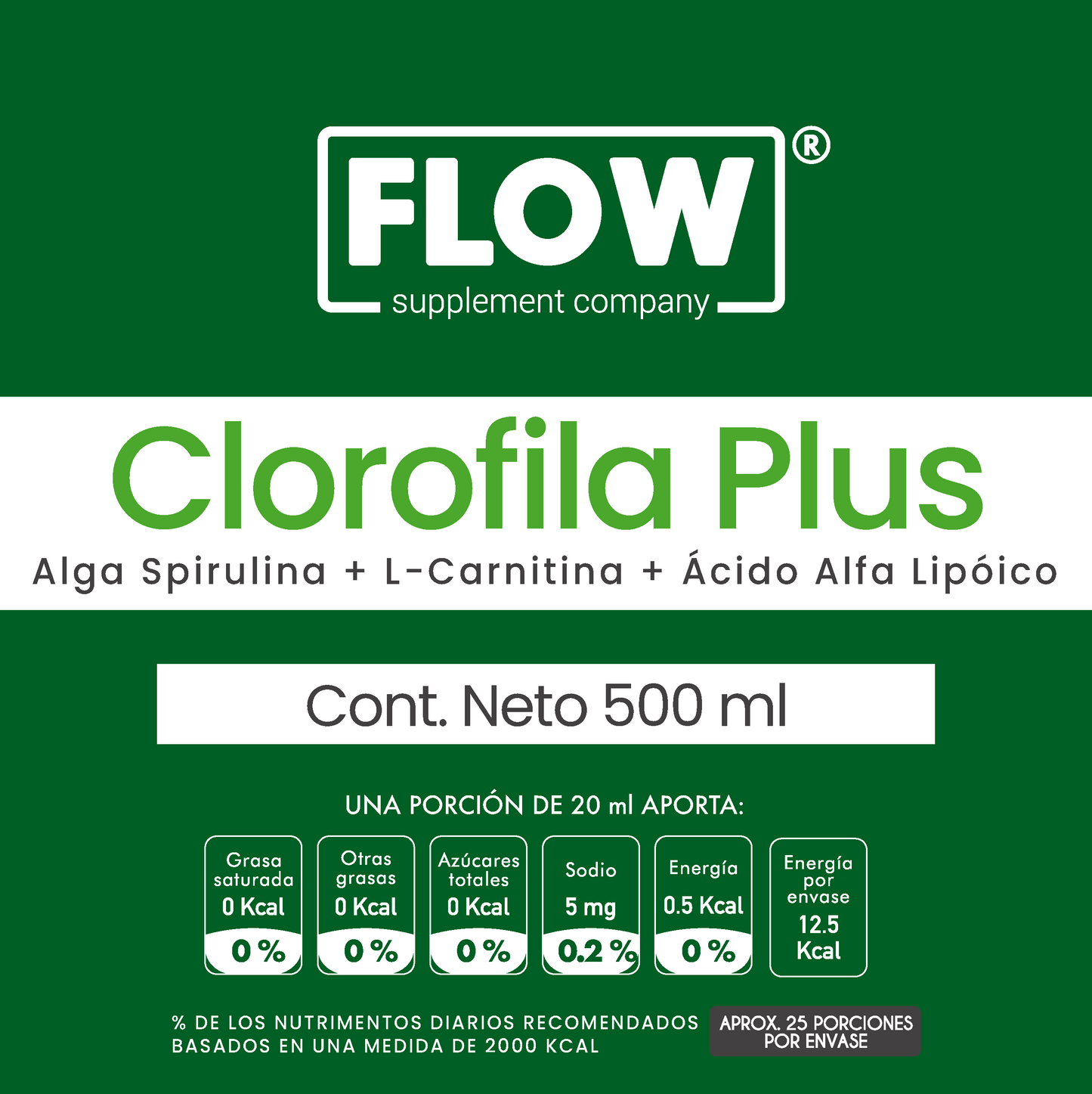 Clorofila líquida + Alga Spirulina + L-Carnitina + Acido Alfa Lipoico de 500 ml