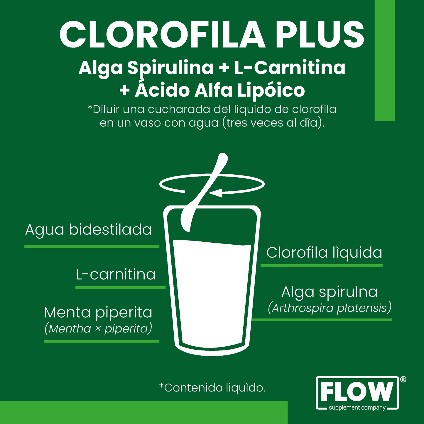 Clorofila líquida + Alga Spirulina + L-Carnitina + Acido Alfa Lipoico de 500 ml