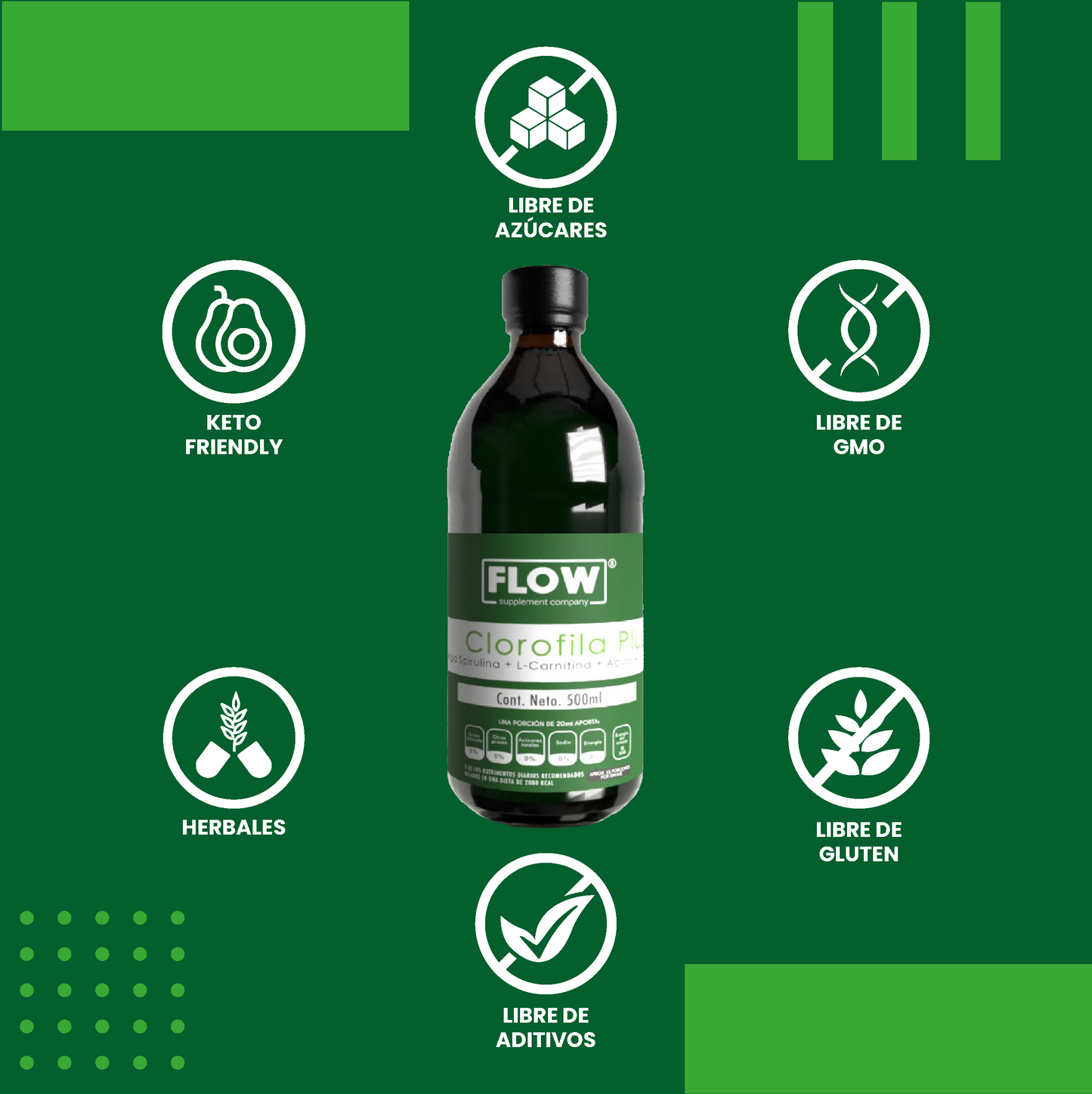 Clorofila líquida + Alga Spirulina + L-Carnitina + Acido Alfa Lipoico de 500 ml