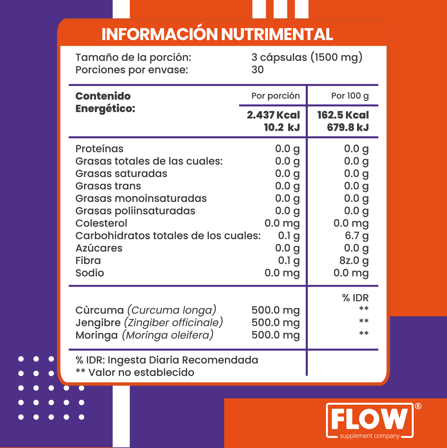 Cúrcuma + Jengibre + Moringa / 90 cápsulas de 500 mg.