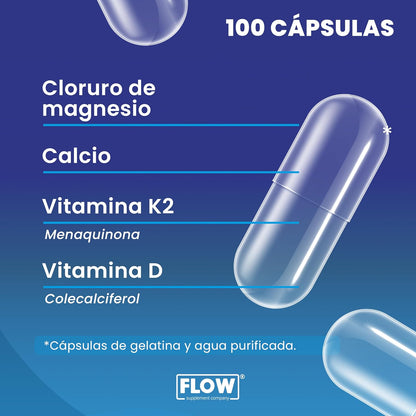 Cloruro De Magnesio + Vitamina K2 +  Vitamina D + Calcio / 100 cápsulas de 500 mg. c/u