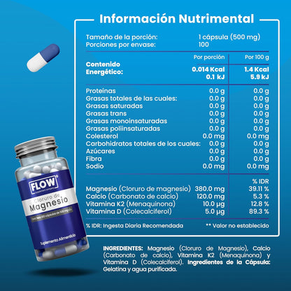 Cloruro De Magnesio + Vitamina K2 +  Vitamina D + Calcio / 100 cápsulas de 500 mg. c/u