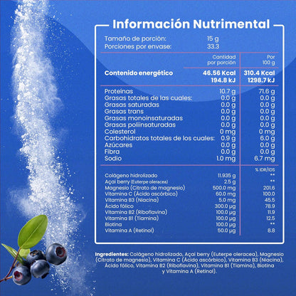 Colágeno Hidrolizado + Açaí + Cloruro de magnesio de 500 gramos