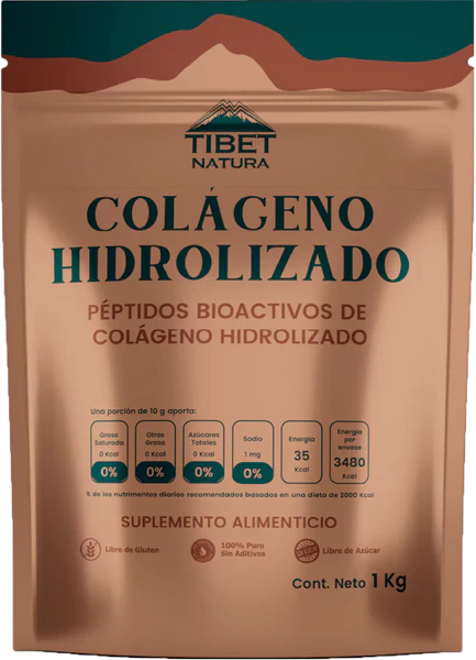 Colágeno Hidrolizado Bovino Tibet Natura con Peptidos Bio activos de Colágeno + Vitamina C + B3 + B2 + B1 + B5 + B6 + B9 + Calcio + Hierro + Zinc + Cobre + Yodo.