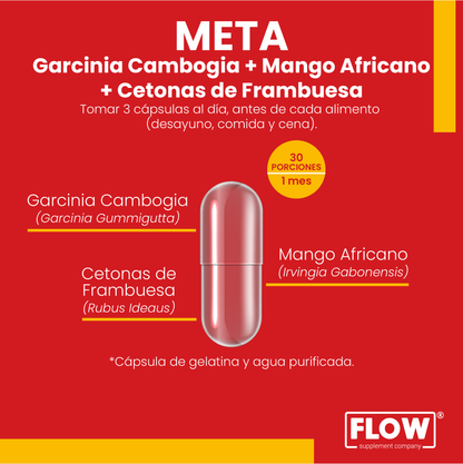 Meta - Cambogia Garcinia + Mango Africano + Cetonas de Frambuesa / 90 cápsulas de 500 mg. c/u