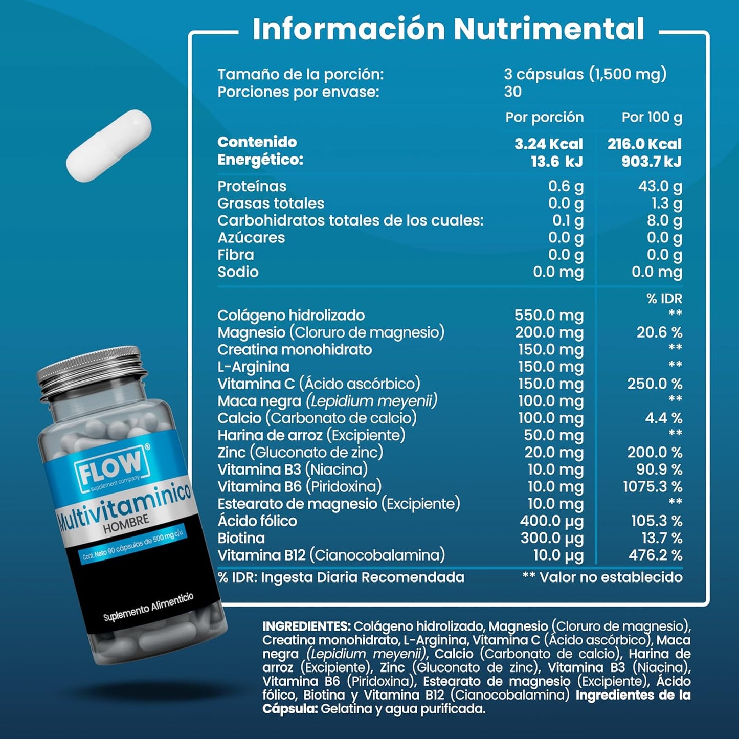 Multivitaminico Premium Hombre / 90 capsulas de 500 mg