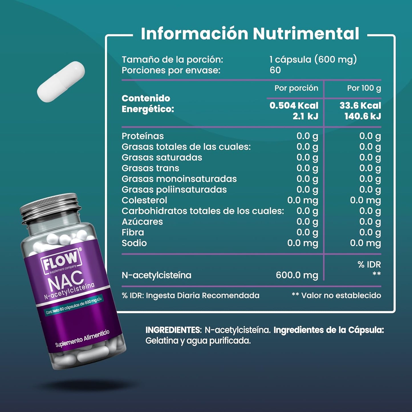 NAC (N-Acetylcisteína) / 60 cápsulas de 600 mg c/u