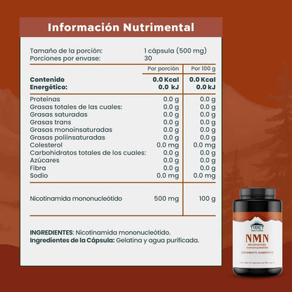 NMN Nicotinamida Mononucleótido 30 cápsulas de 500 mg c/u - TÍbet Natura