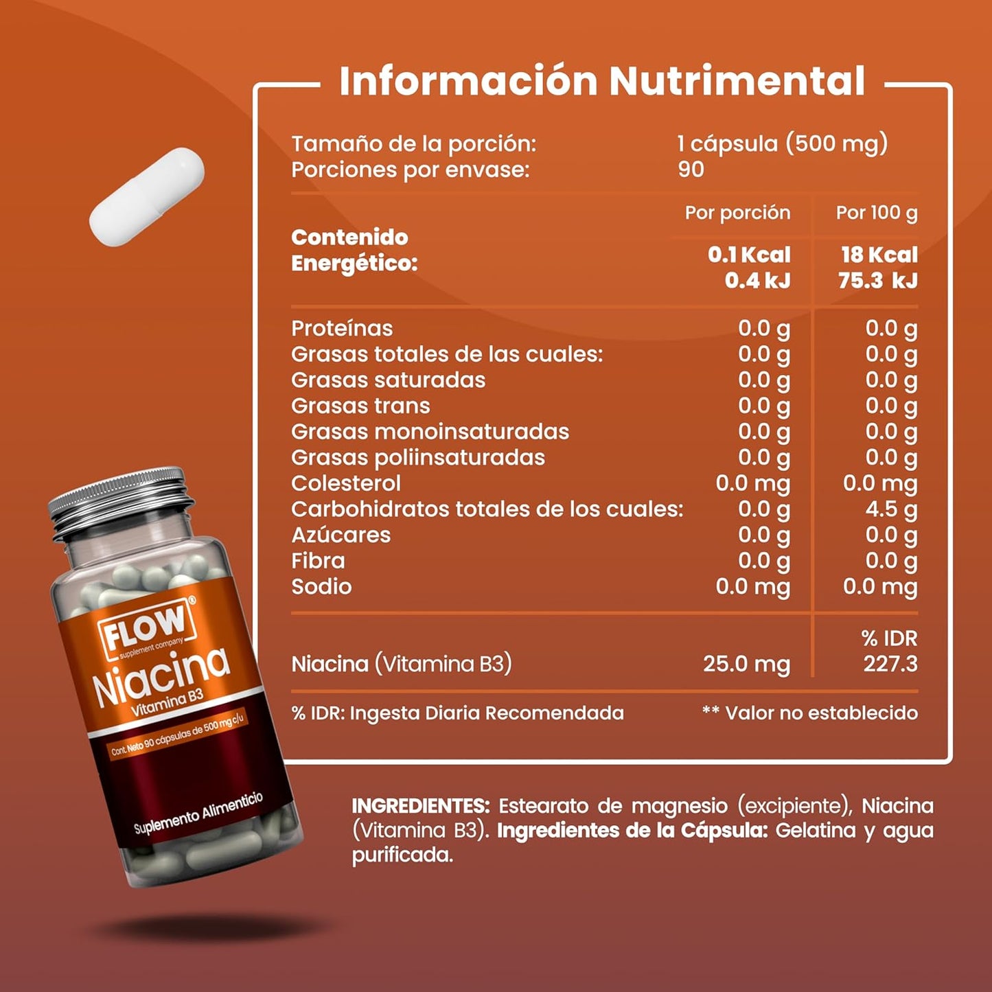 Niacina (Vitamina B3) / 90 cápsulas de 500 mg c/u