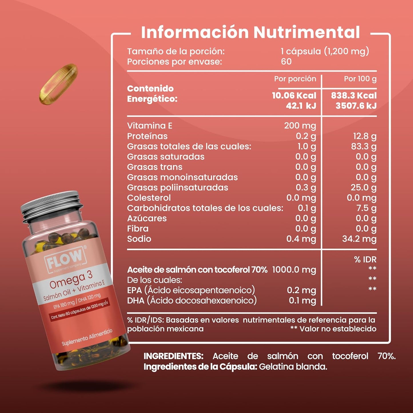 Omega 3 + Aceite de Salmon + Vitamina E / 60 Capsulas de 1200 mg