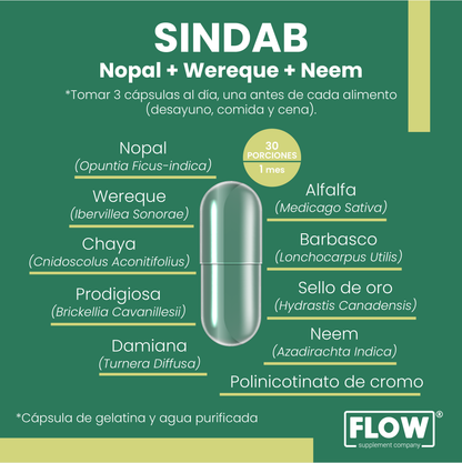Sindab - Nopal + Wereque+ Neen  / 90 cápsulas de 500 mg.