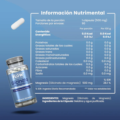 Glicinato de Magnesio / 90 cápsulas de 500 mg. c/u